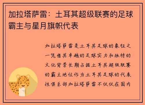 加拉塔萨雷:土耳其超级联赛的足球霸主与星月旗帜代表 加拉塔萨雷:土耳其超级联赛的足球霸主与星月旗帜代表