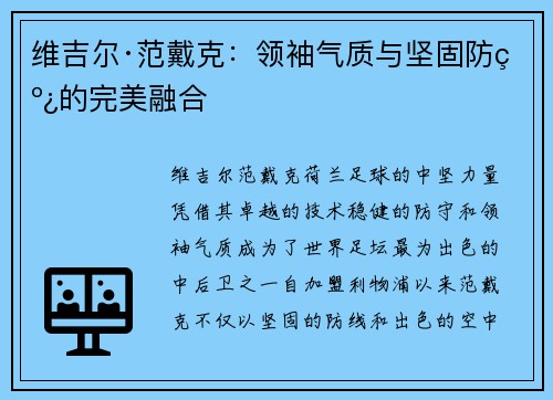 维吉尔·范戴克：领袖气质与坚固防线的完美融合
